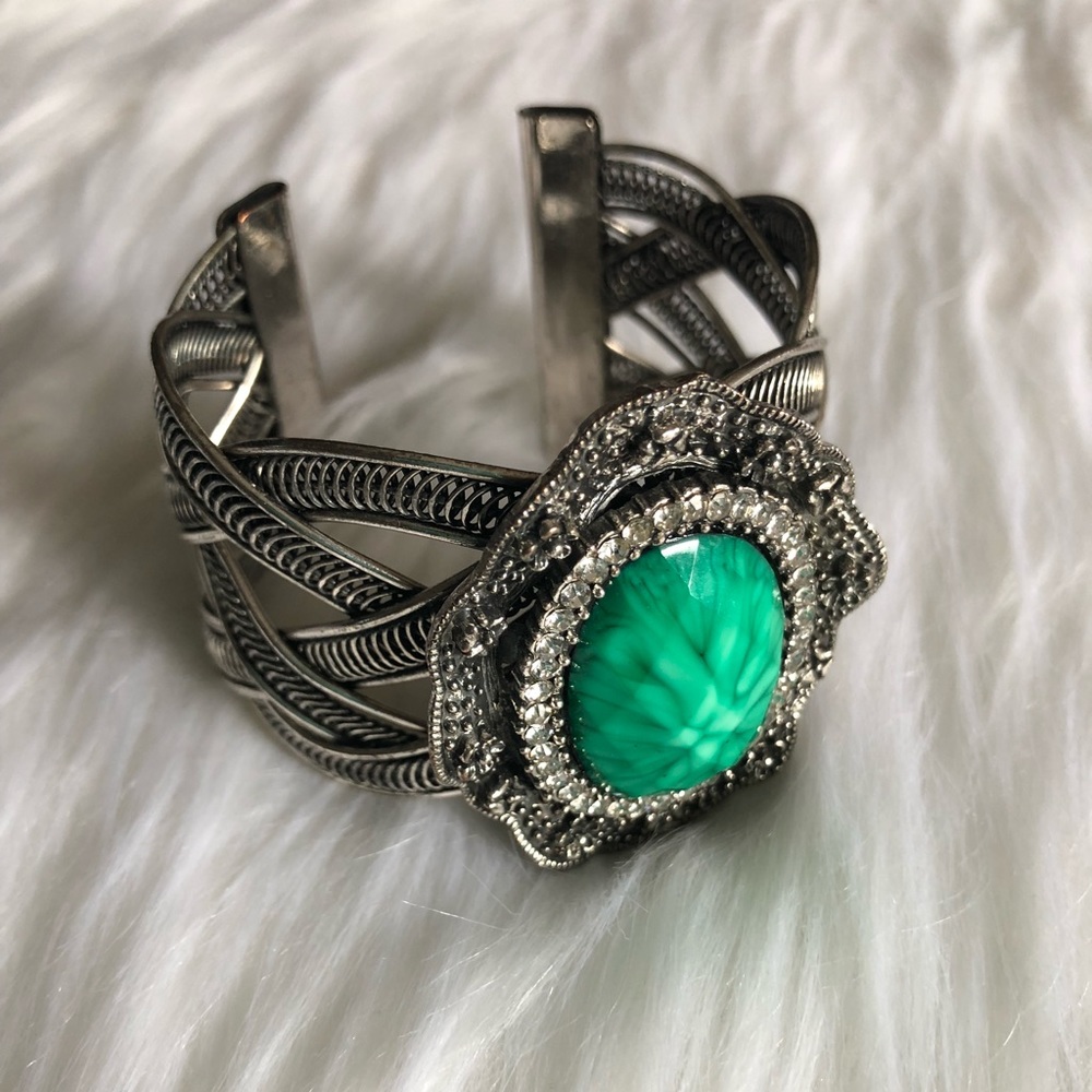 💚 Large Green Stone Silver Bangle Cuff Bracelet